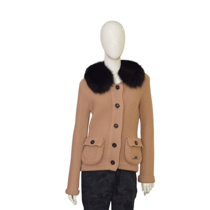 Burberry Beige Wool Knit w. Fur Collar Button Front Cardigan Cardi Top size M