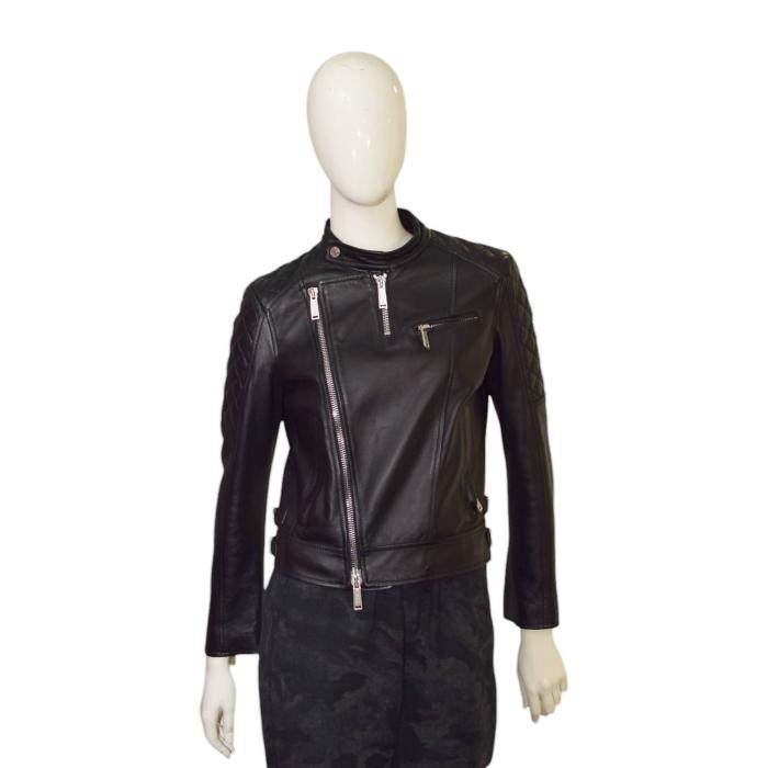 Dsquared2 Black Leather Side Zipper Biker Jacket size 42