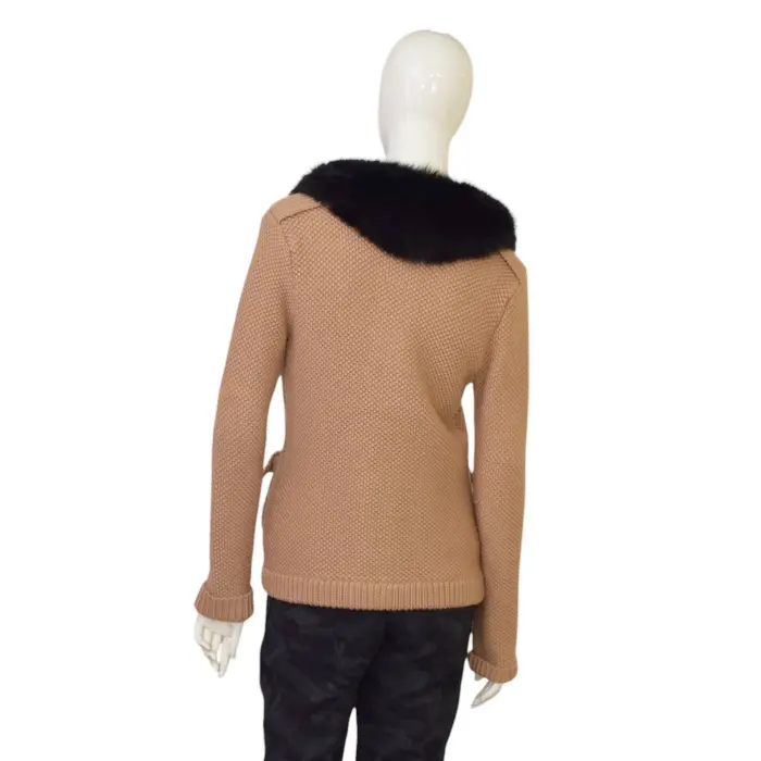 Burberry Beige Wool Knit Fur Collar Button Front Cardigan Cardi