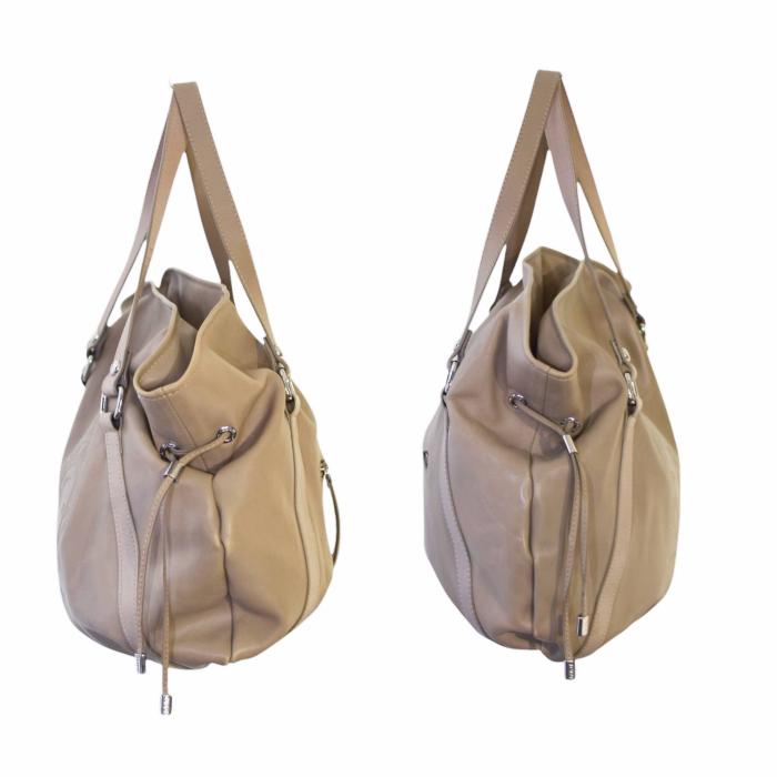 TOUS Taupe Color Leather Signature Bear Drawstring Tote Handbag Shoulder bag