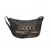 Gucci Black Calfskin Leather Web Logo Half Moon Hobo crossbody bag unisex design