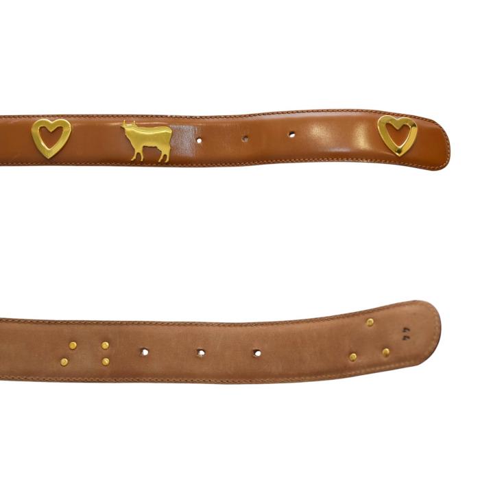 Moschino Brown Shiny Leather Gold Tone Heart & Cows Buckle Belt size 44