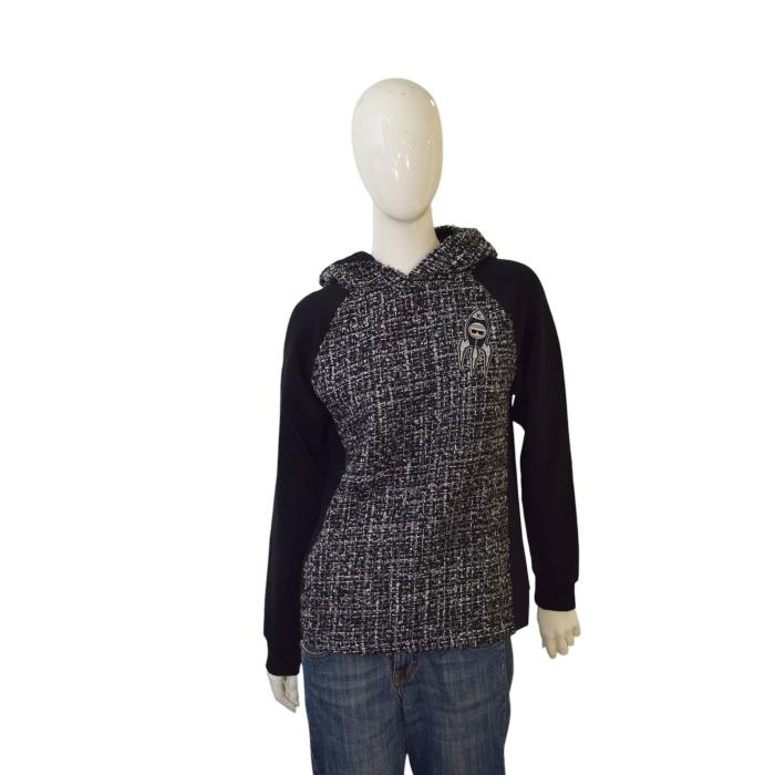 Karl Lagerfeld Black & Gray Tweed Long Sleeve Hooded Top size M