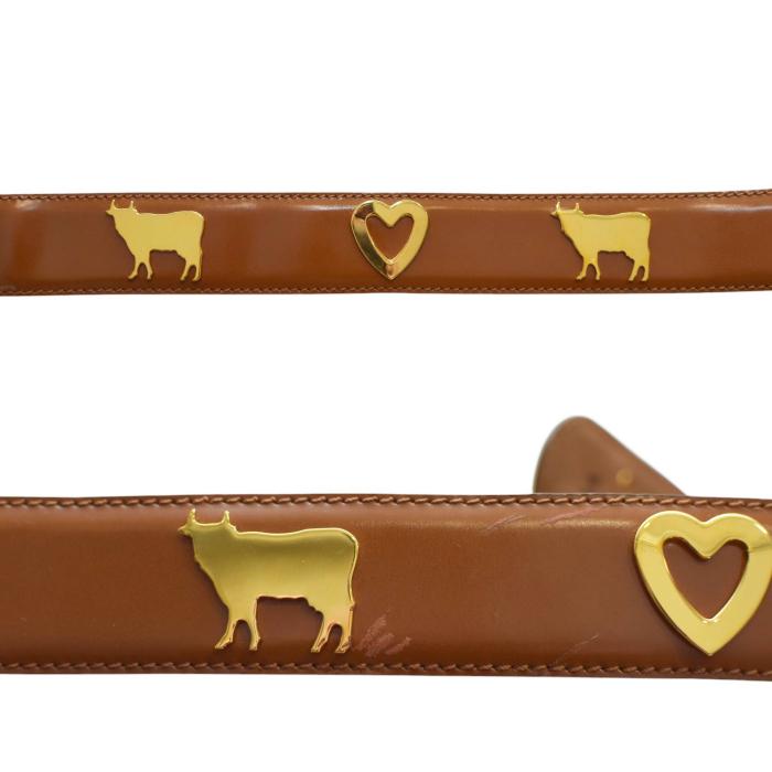 Moschino Brown Shiny Leather Gold Tone Heart & Cows Buckle Belt size 44