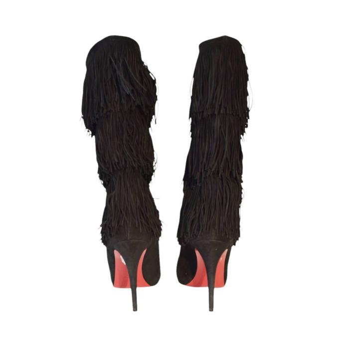 Christian Louboutin Black Suede Fringe Calf Length Boots size 10, EU 40