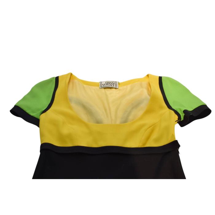 Gianni Versace Black Green Yellow Wool Short Sleeve Mini Dress size 42