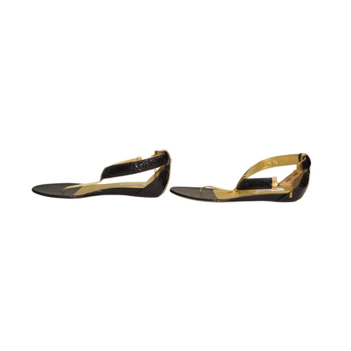 Jimmy Choo Black Snake Leather Gold Trim Thong Sandals Flat Shoes size 40