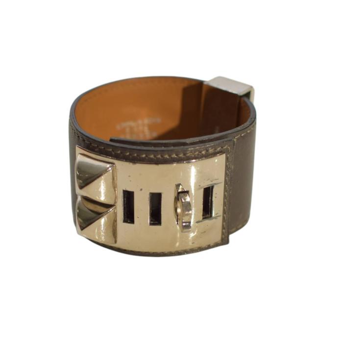 Hermes Collier de Chien gray leather bracelet with Medor studs silver tone hardware