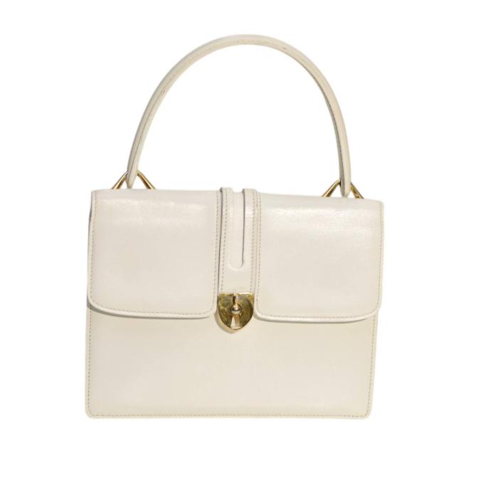 GUCCI White Leather Gold Tone Twist Lock Top Handle Handbag Vintage Grab Bag