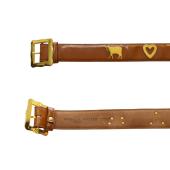 Moschino Brown Shiny Leather Gold Tone Heart & Cows Buckle Belt size 44