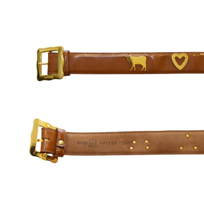 Moschino Brown Shiny Leather Gold Tone Heart & Cows Buckle Belt size 44