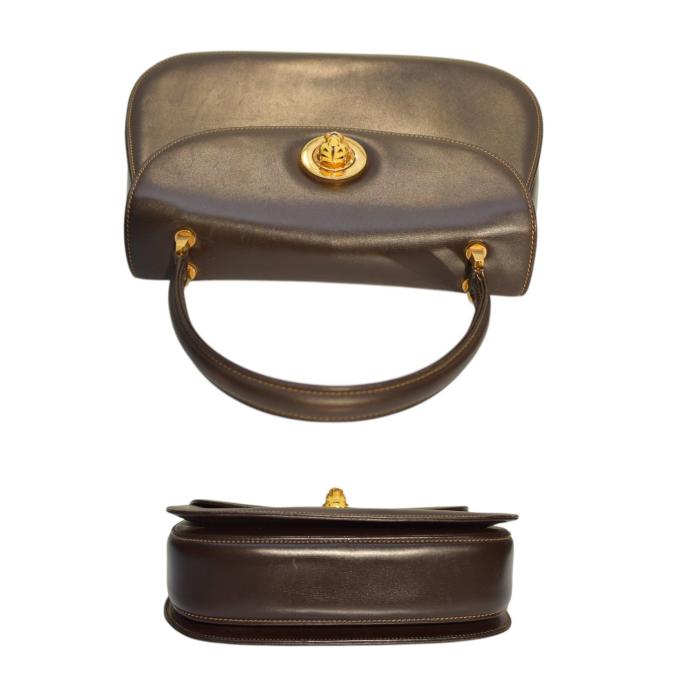GUCCI Brown Leather Gold Tone Tiger Head Turn Lock Top Handle Handbag Vintage Bag