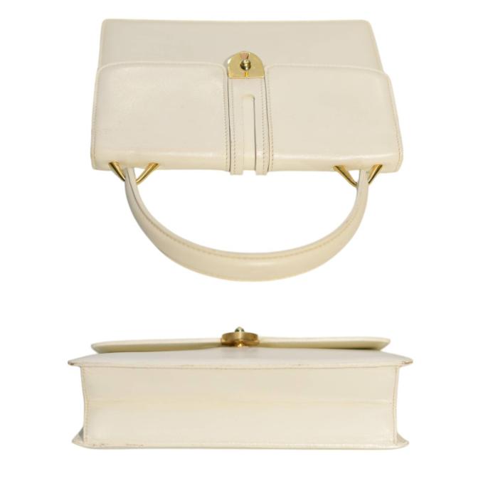 GUCCI White Leather Gold Tone Twist Lock Top Handle Handbag Vintage Grab Bag