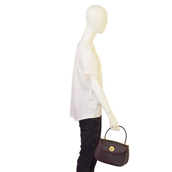 GUCCI Brown Leather Gold Tone Tiger Head Turn Lock Top Handle Handbag Vintage Bag