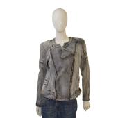 Balmain Gray denim zipper front biker jacket size 42 with Taurus emblem