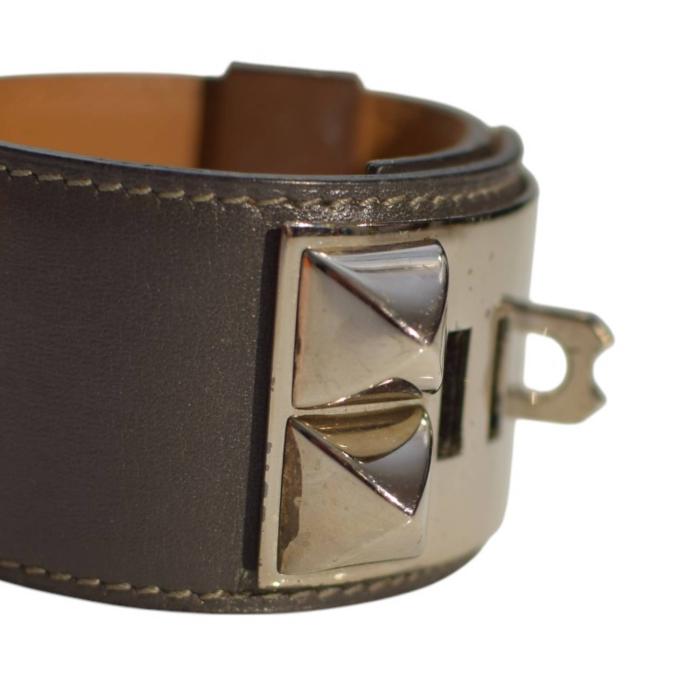 Hermes Collier de Chien gray leather bracelet with Medor studs silver tone hardware