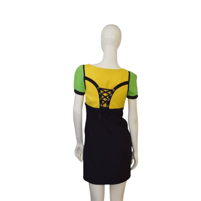 Gianni Versace Black Green Yellow Wool Short Sleeve Mini Dress size 42
