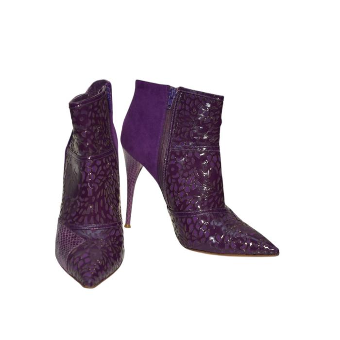 Chloe purple pointed toe cut out patent leather, suede & snake ankle boots 39,5