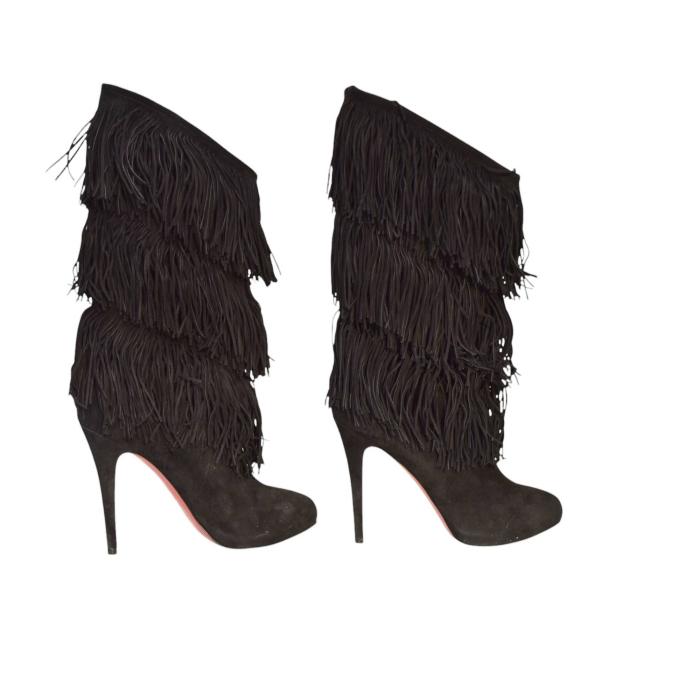 Christian Louboutin Black Suede Fringe Calf Length Boots size 10, EU 40