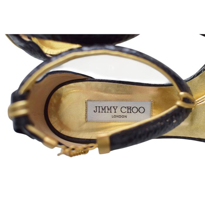 Jimmy Choo Black Snake Leather Gold Trim Thong Sandals Flat Shoes size 40