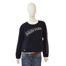 Philipp Plein Black Logo Crystals Rhinestones Long Sleeve Back Zip Top size M