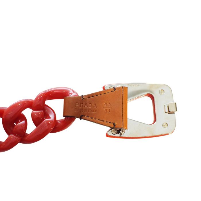 Prada Women's Red Resin Plex Chain Leather Details Elastic Band Belt size 90