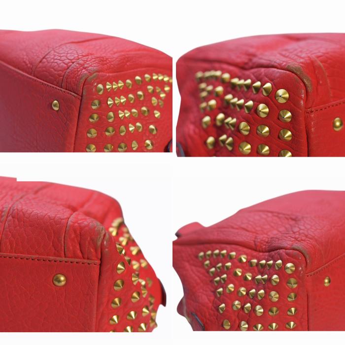 MCM Keana Red Pebbled Leather Studded Satchel Top Handles Crossbody Shoulder bag 