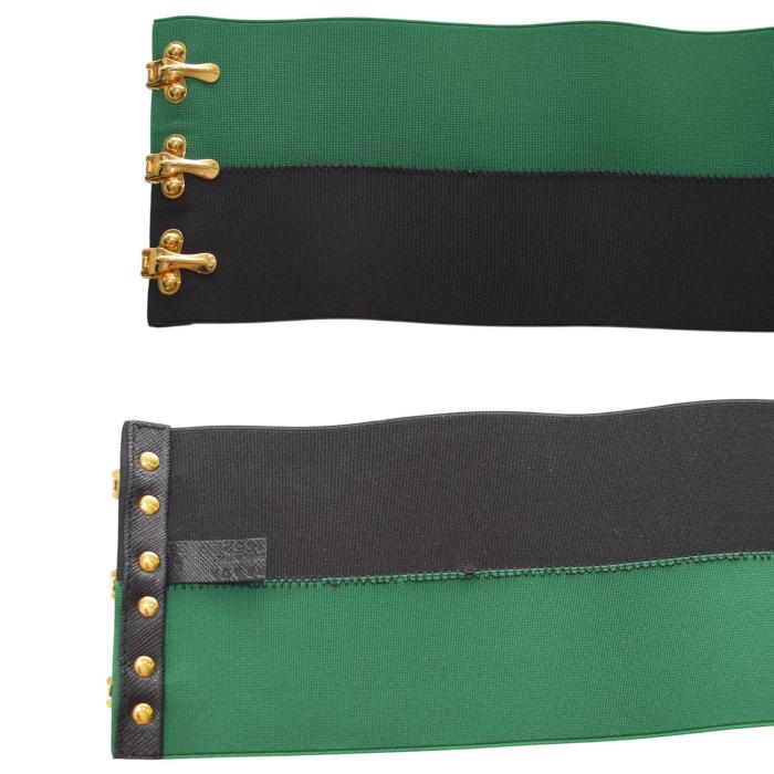 Prada Women's Black & Green Gold Tone Hook & Eye Wide Elastic Band Belt size L