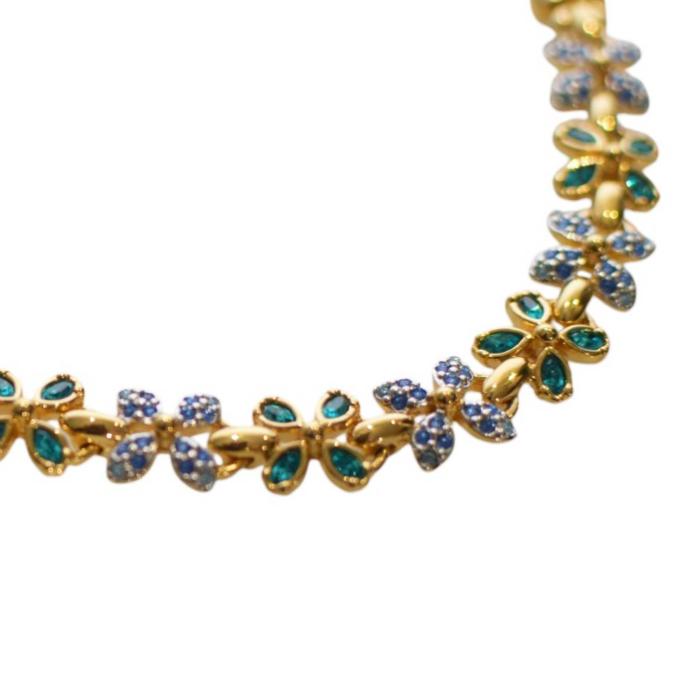 Swarovski Blue and Turquoise Flowers Crystals Gold Tone Chain Floral Necklace 