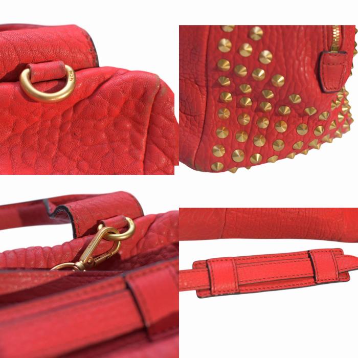 MCM Keana Red Pebbled Leather Studded Satchel Top Handles Crossbody Shoulder bag 