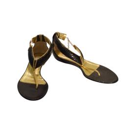 Jimmy Choo Black Snake Leather Gold Trim Thong Sandals Flat Shoes size 40