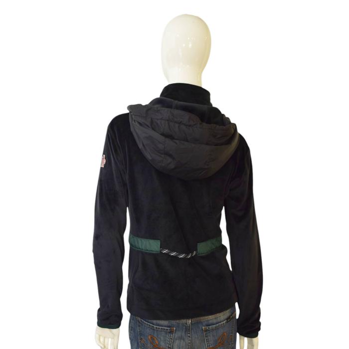 Moncler Maglia Black Velvet Green Trim Hooded Zipper Cardigan Jacket size S