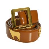 Moschino Brown Shiny Leather Gold Tone Heart & Cows Buckle Belt size 44