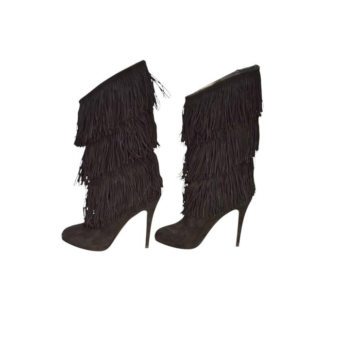 Christian Louboutin Black Suede Fringe Calf Length Boots size 10, EU 40