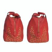 MCM Keana Red Pebbled Leather Studded Satchel Top Handles Crossbody Shoulder bag 