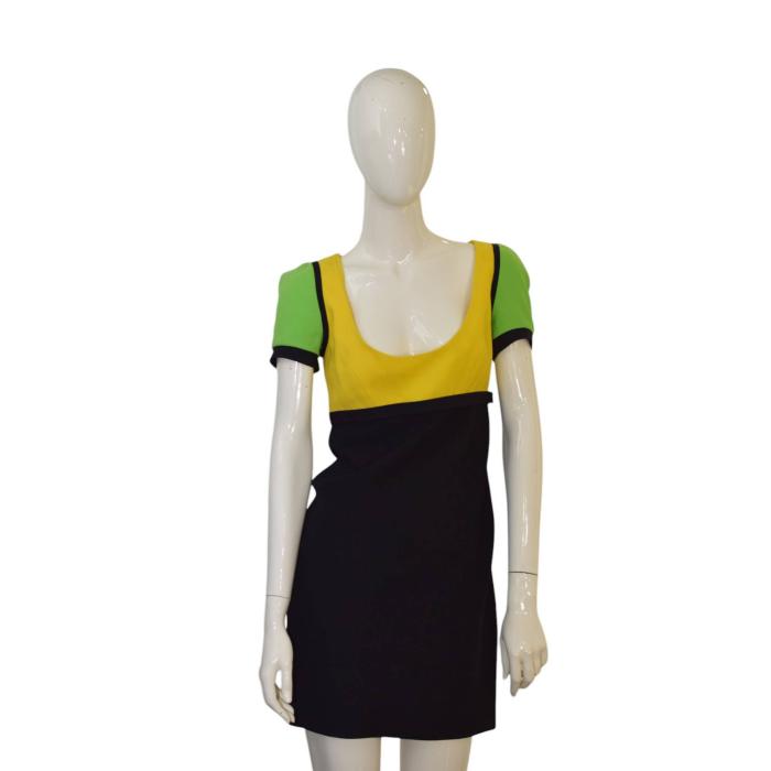 Gianni Versace Black Green Yellow Wool Short Sleeve Mini Dress size 42