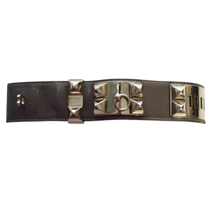 Hermes Collier de Chien gray leather bracelet with Medor studs silver tone hardware