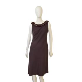 Blumarine Brown Fur w. Pearls Neckline Sleeveless A- Line Knee Dress size 44