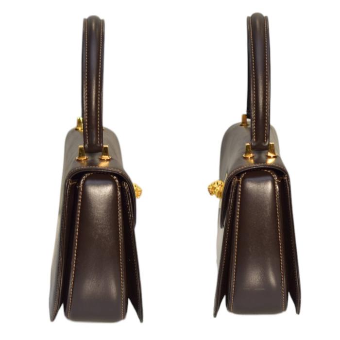 GUCCI Brown Leather Gold Tone Tiger Head Turn Lock Top Handle Handbag Vintage Bag