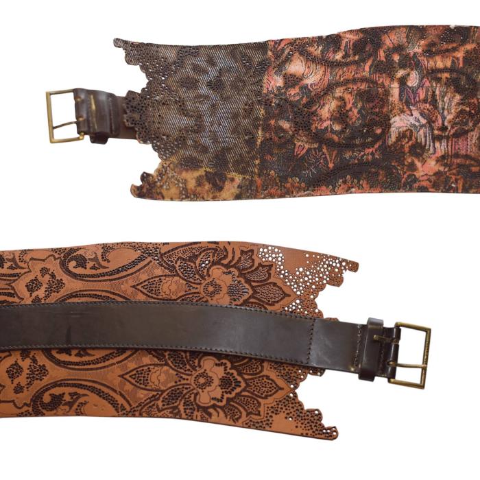 Roberto Cavalli Brown Leather Laser Cut Floral Wide Belt size M