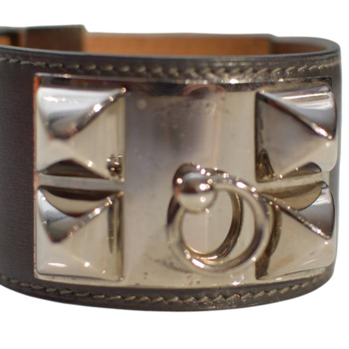 Hermes Collier de Chien gray leather bracelet with Medor studs silver tone hardware