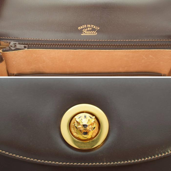 GUCCI Brown Leather Gold Tone Tiger Head Turn Lock Top Handle Handbag Vintage Bag