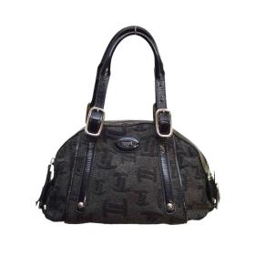 Tod&#039;s Anthracite Gray T Monogram Fabric Black Pat. Leather Satchel Shoulder bag