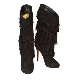 Christian Louboutin Black Suede Fringe Calf Length Boots size 10, EU 40