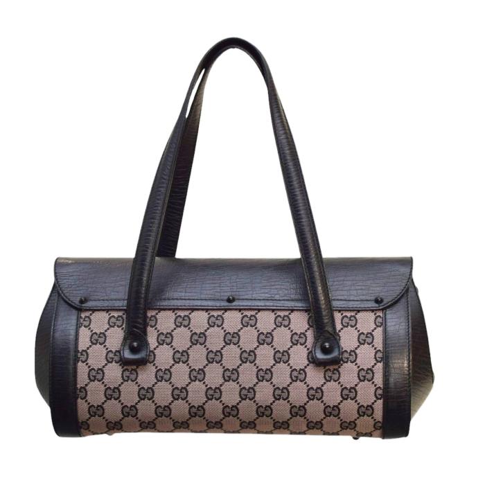 Gucci Black Leather Bamboo Bullet Satchel Canvas & Leather Shoulder Bag handbag