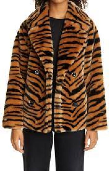 STAND STUDIO Tiffany Short Tiger Print Faux Fur Belted Jacket In Classic Tiger