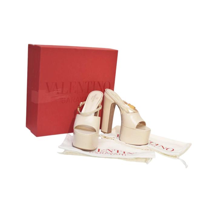 Valentino Garavani Patent Tan-Go 55/155mm High Heel Platform Slide Sandals 38,5 Light Ivory