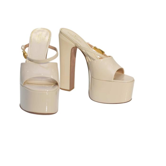 Valentino Garavani Patent Tan-Go 55/155mm High Heel Platform Slide Sandals 38,5 Light Ivory