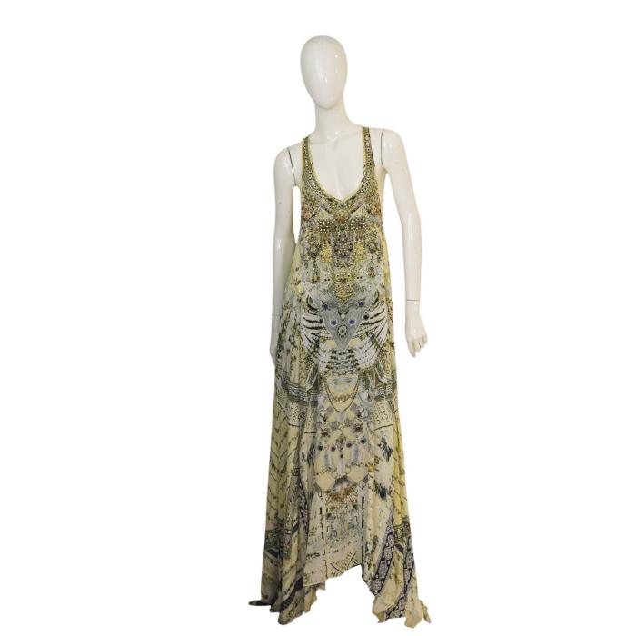 Camilla Printed & Beaded 100% Silk Cream Sleeveless Long Summer V Neck Racerback dress