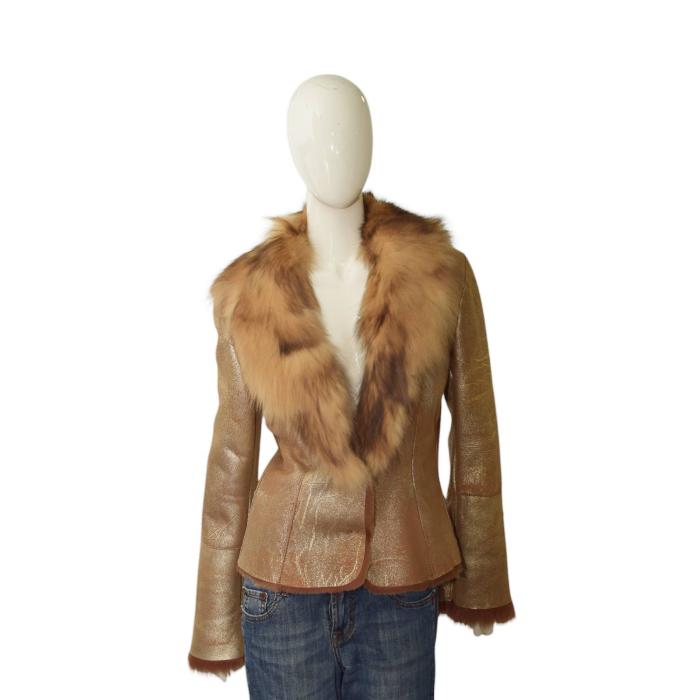 Angelo Marani Beige Shiny Shearling Det. Fur Collar Jacket Coat size 46